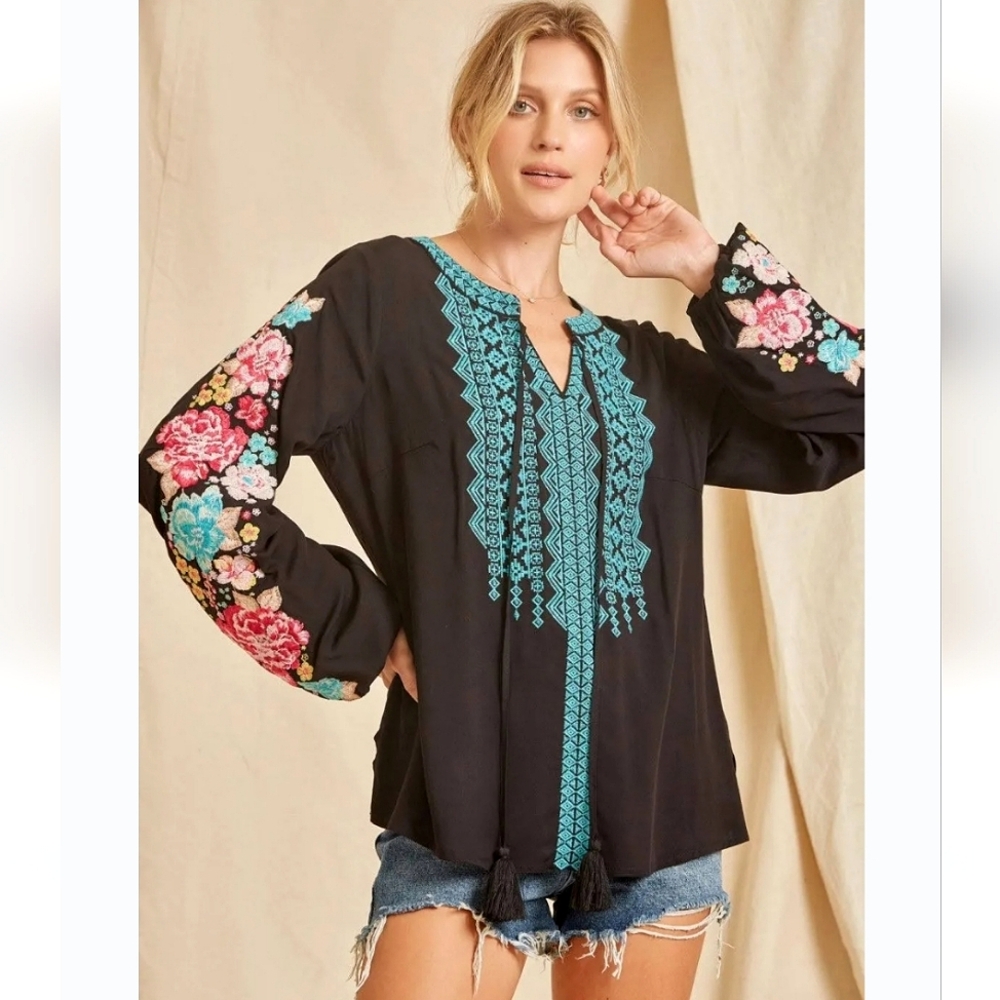 Savanna Jane Black Tunic with Turquoise Embroidery and Multicolor Floral Sleeves